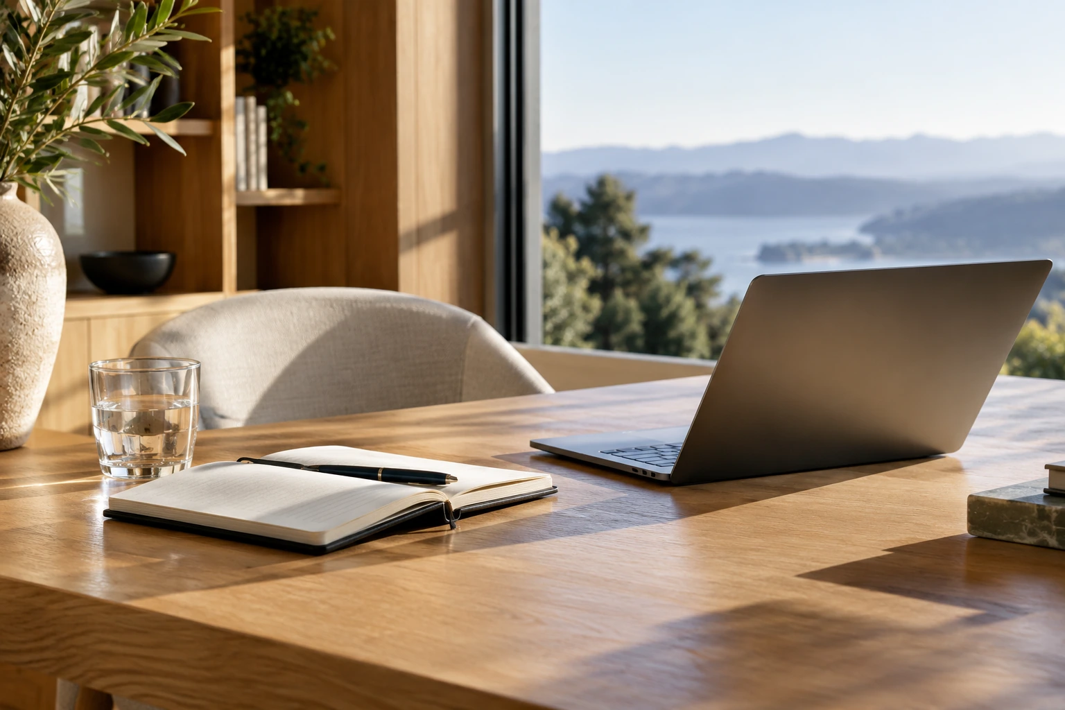 AI-generated advisory workspace with a notebook and laptop in natural light