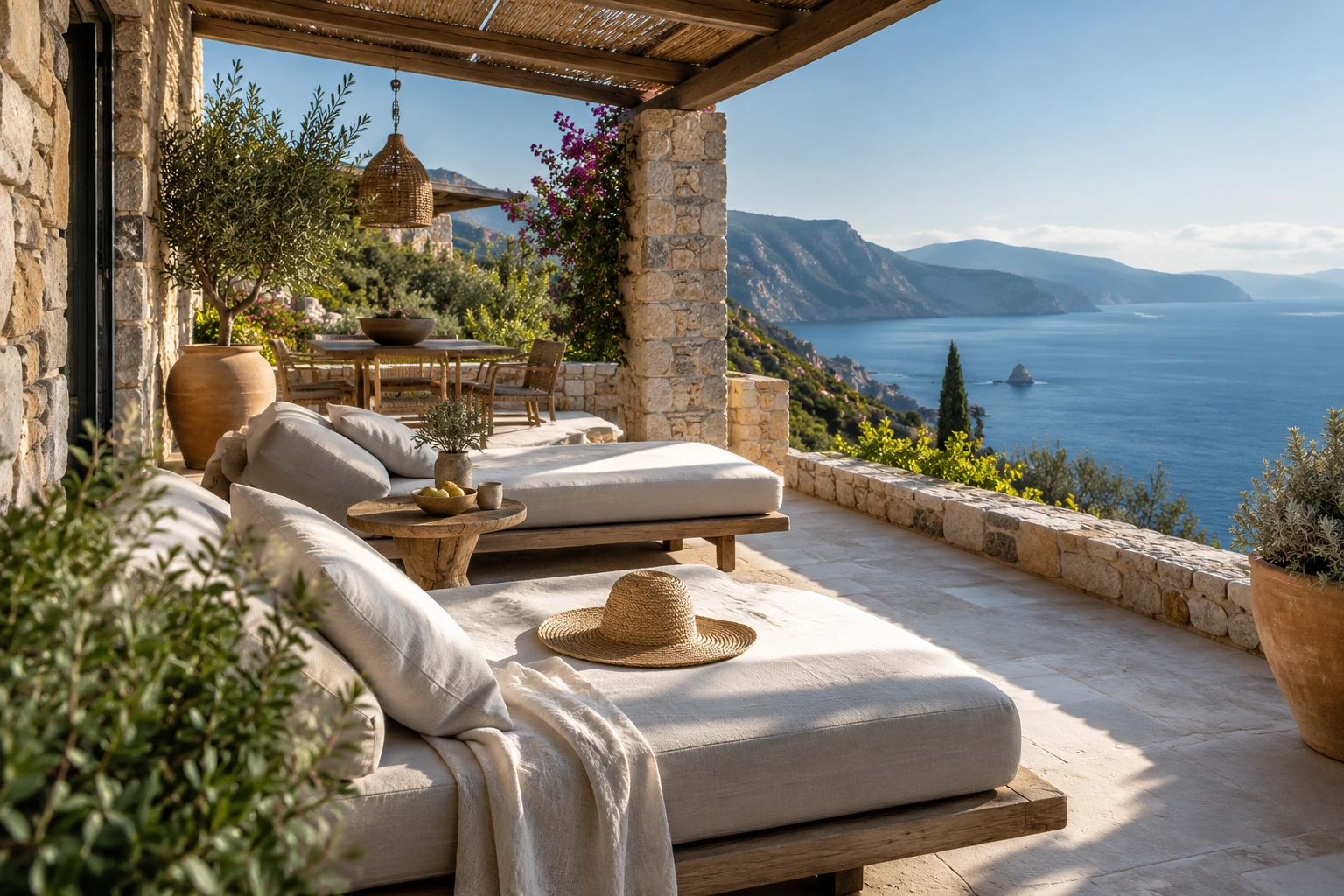 AI-generated hospitality concept of a Mediterranean terrace overlooking the sea