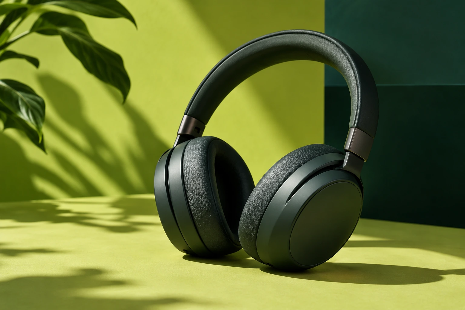 AI-generated product campaign concept of wireless headphones against a green backdrop