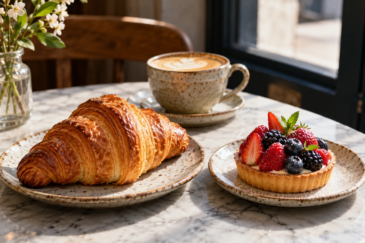AI-generated concept image of a golden croissant and berry tart on a café table