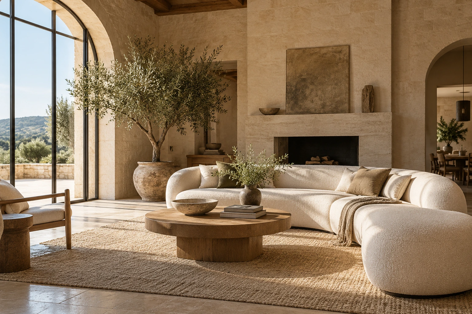 AI-generated interior concept with cream seating, natural stone and an olive tree