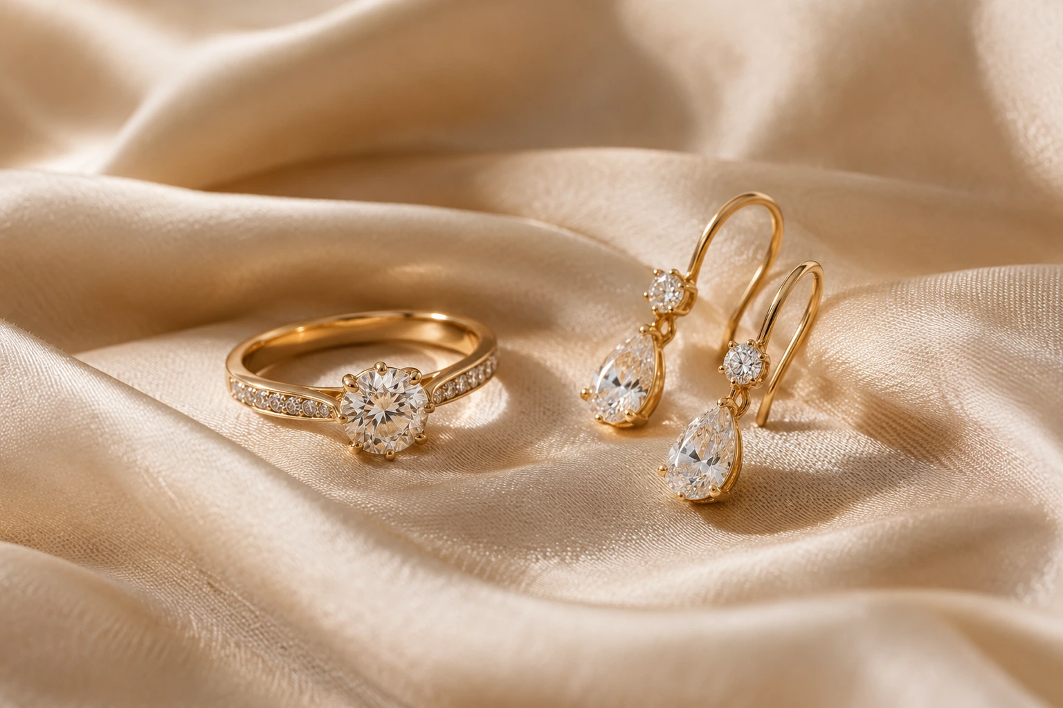 AI-generated jewellery concept with a gold ring and delicate earrings on silk