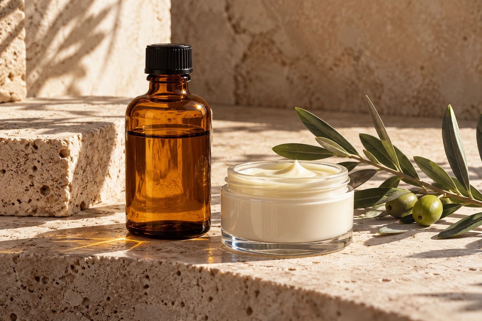 AI-generated skincare still life with an amber bottle and cream jar on stone