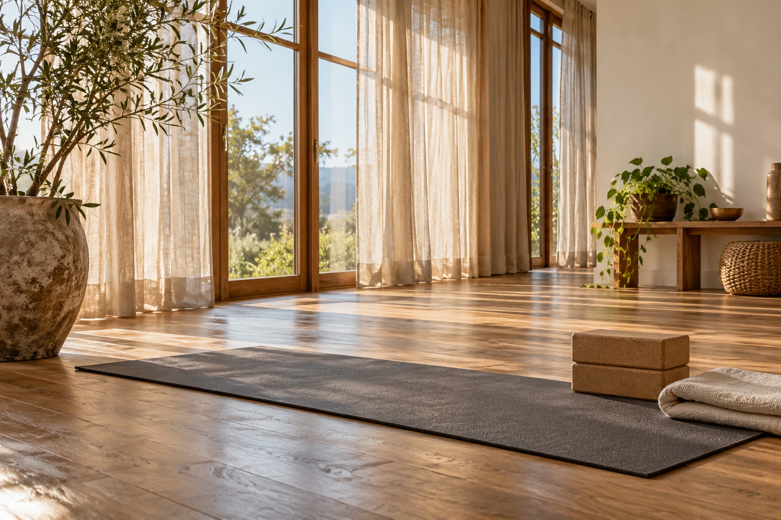 AI-generated wellness interior with a yoga mat, wooden floor and soft daylight