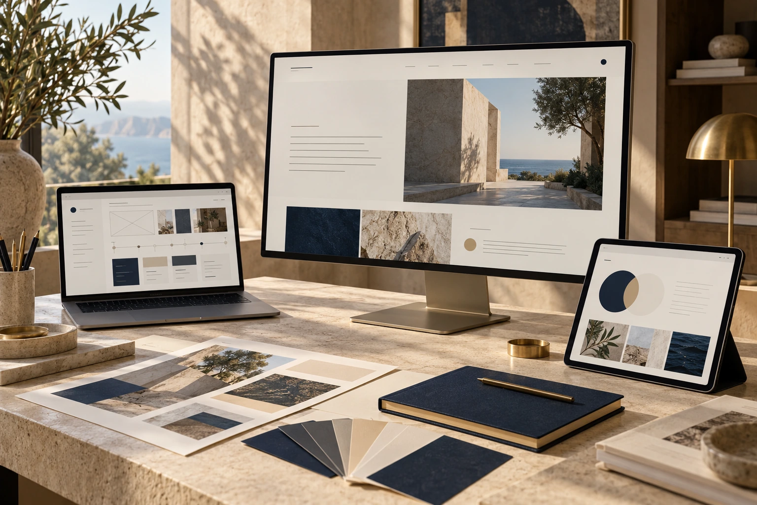 Illustrative digital design workspace with a website on a desktop screen, UI/UX planning on a laptop and campaign visuals on a tablet